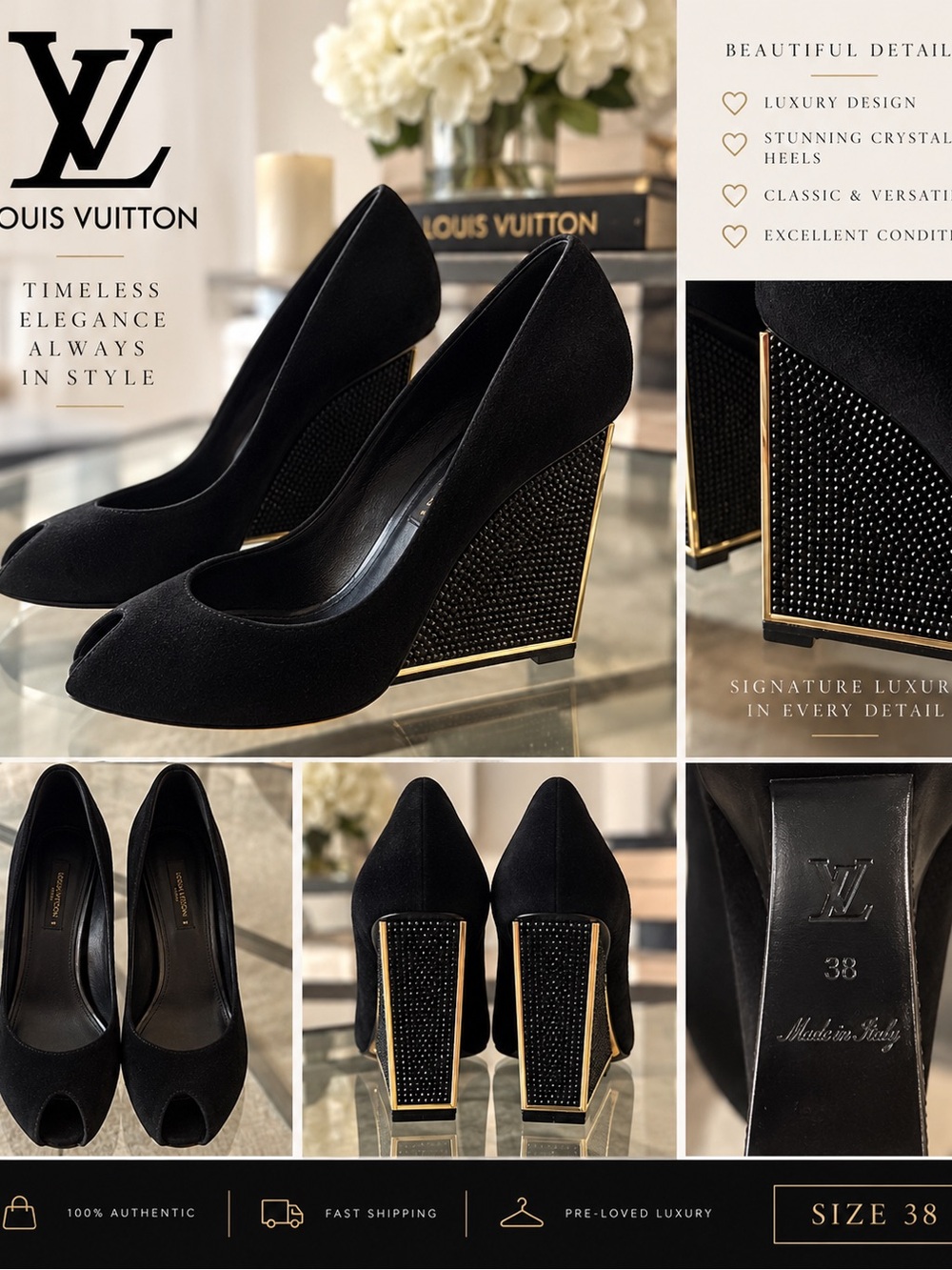 Louis Vuitton Black Suede Embellished Heel Peep-Toe Pumps – Size 38